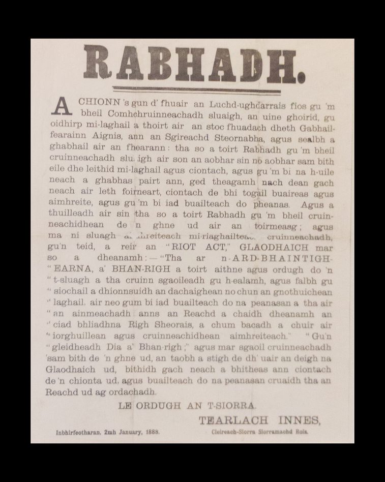 A piece of paper with a warning proclamation written in Gaelic.