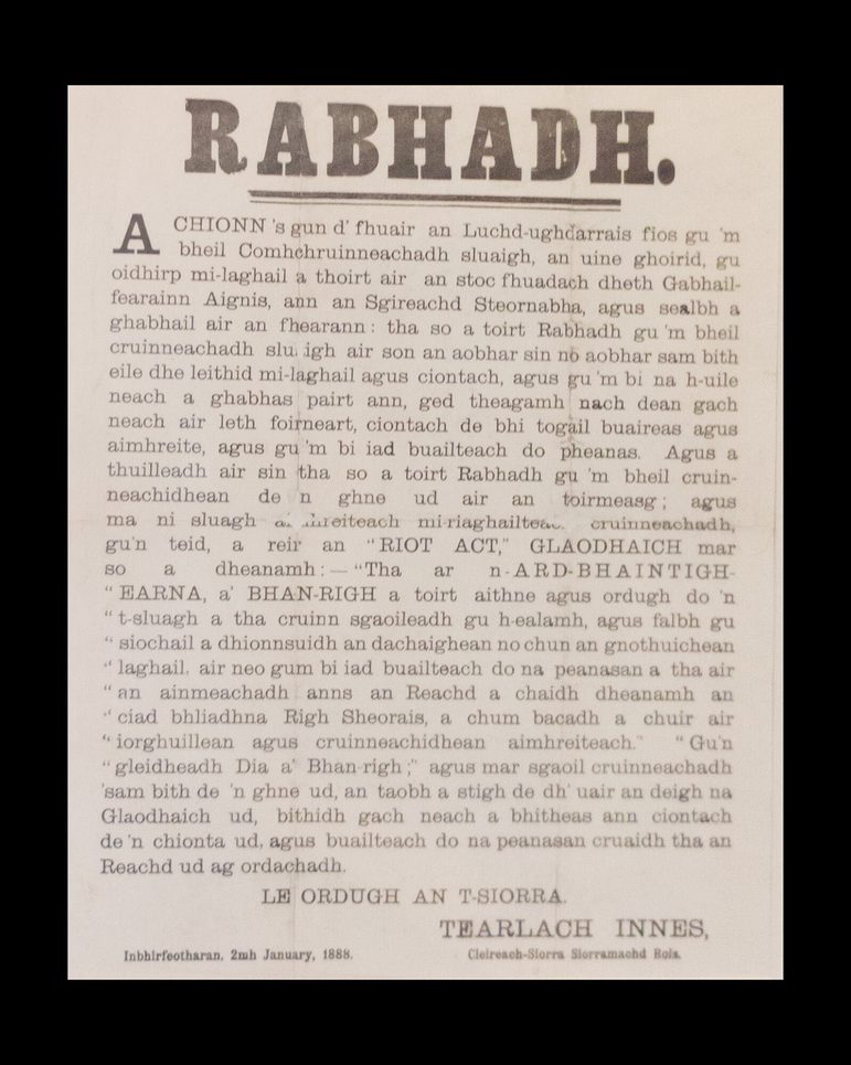 A piece of paper with a warning proclamation written in Gaelic.