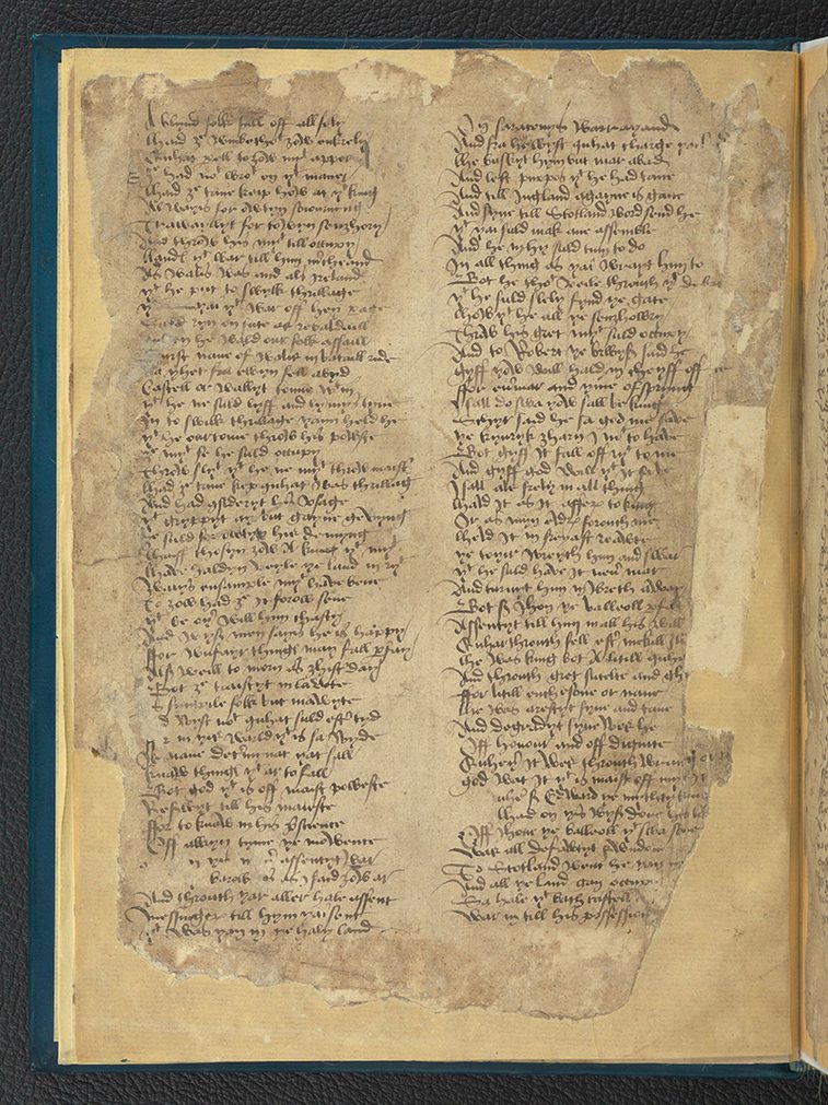 An old 15th yellowed page torn at the edges from a 1489 copy of 'The Brus' epic poem.