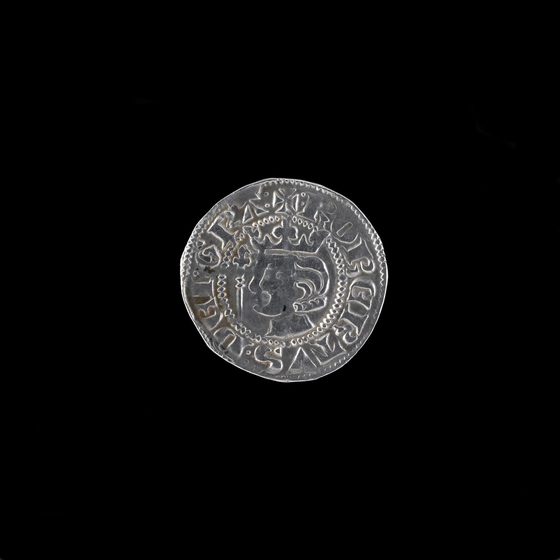 Flat, silver penny with the image of Robert I surrounded by Latin letters.