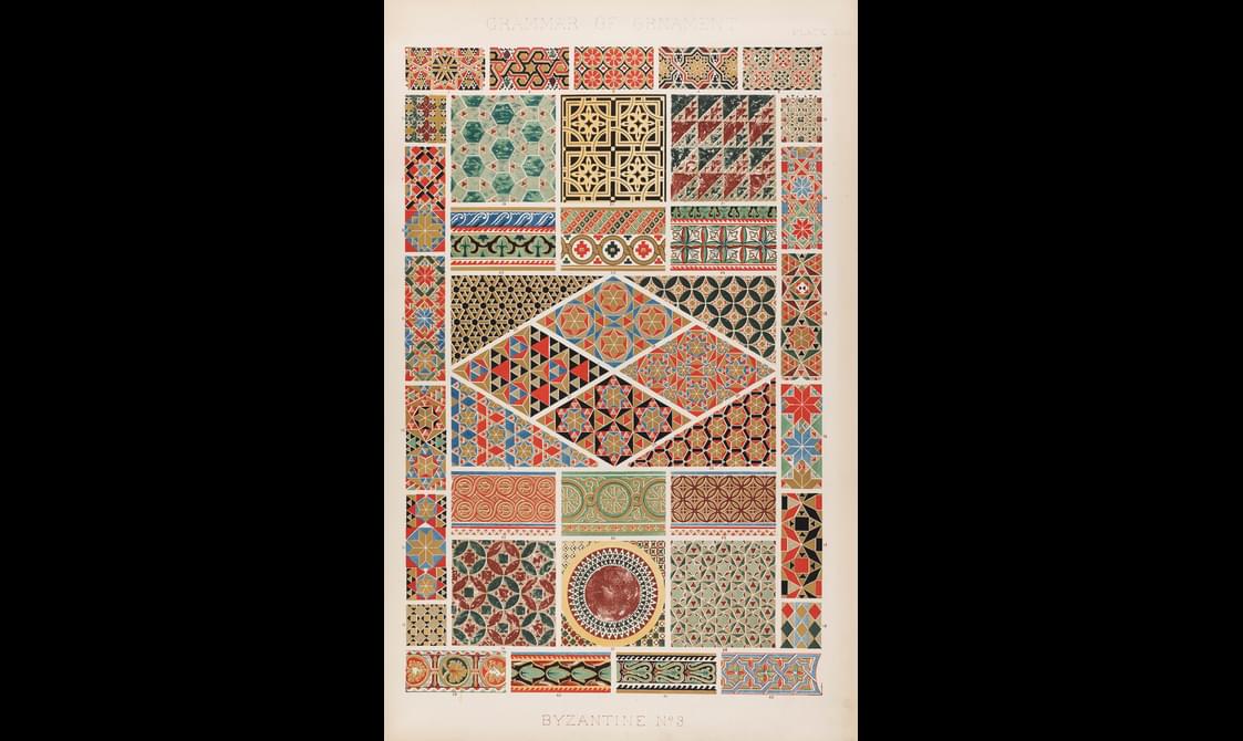 A pattern of squares, rectangles and a circle.