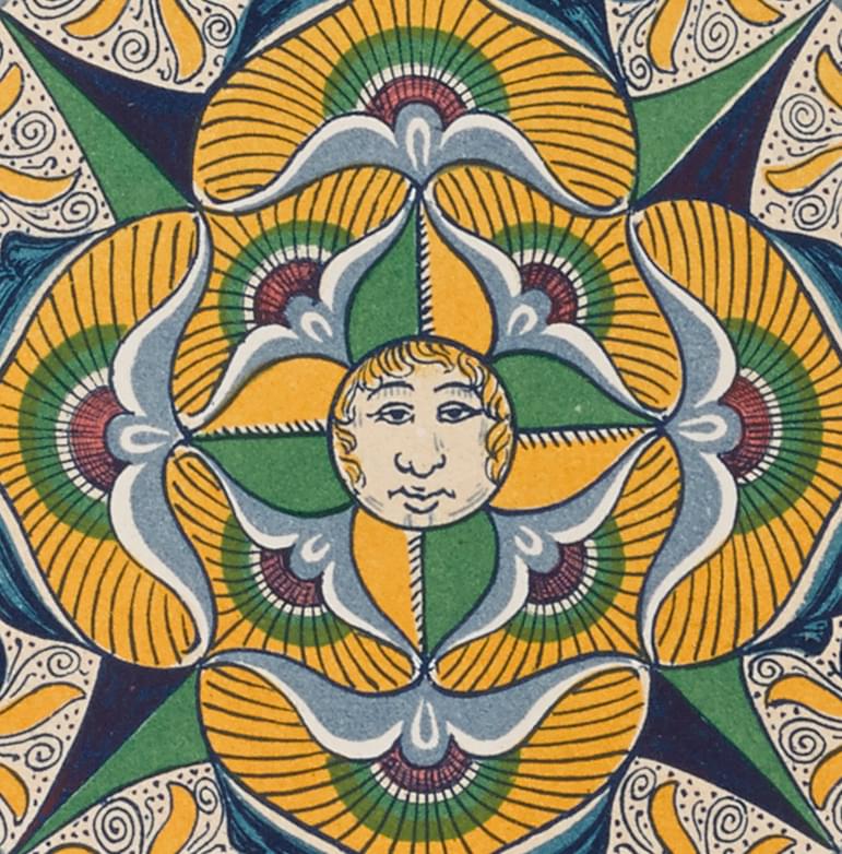 Decorative book page with a face in the centre of a star shaped illustration.