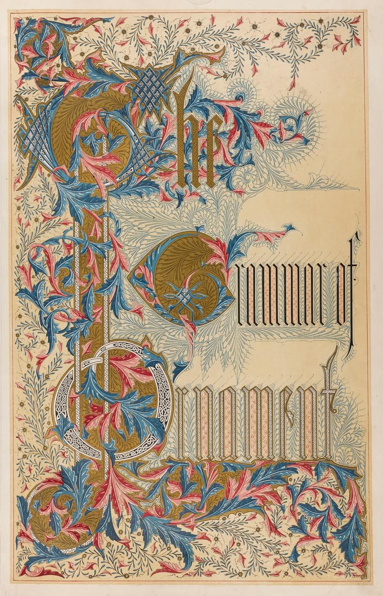 Decorative book page with pink, blue and gold foliage, and "The Grammar of Ornament" in gold lettering.