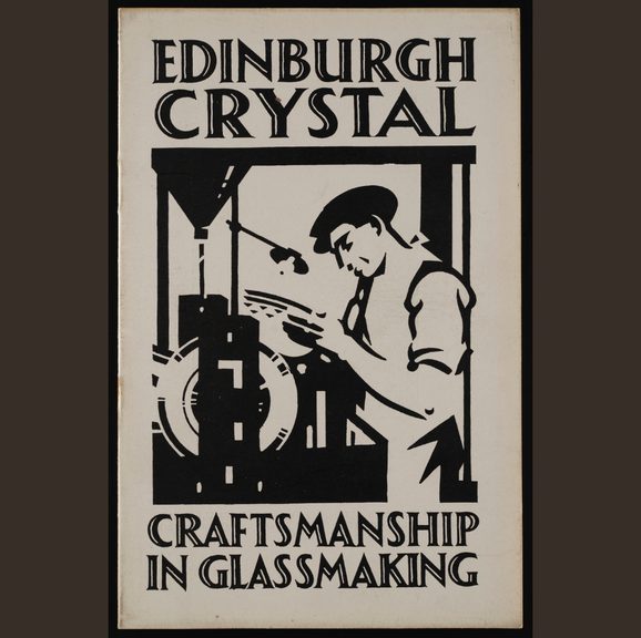 A black and white booklet cover with a stylised illustration of a man working in a glass factory. At the top are the words 'EDINBURGH CRYSTAL''. At the bottom are the words "CRAFTSMAN IN GLASSMAKING'.