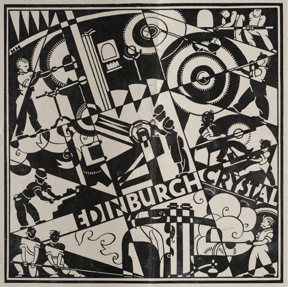 A black and white graphic illustration with many diagonal geographic shapes and stylised images of people working with glass. The words 'EDINBURGH CRYSTYAL; are hand drawn into the design.