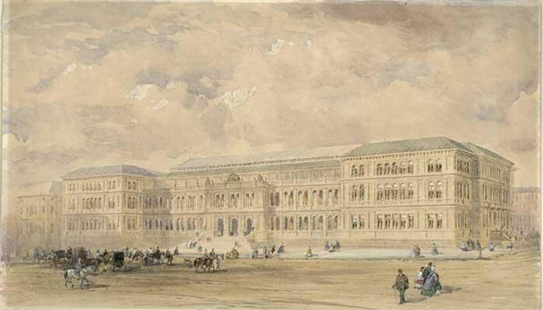 A drawing depicting a large, Victorian building