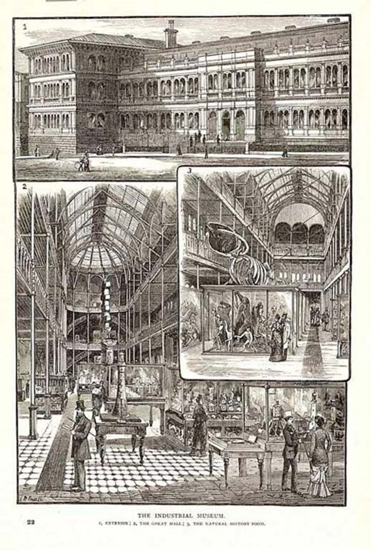 Black and white illustrations depicting the inside and outside of a Victorian museum