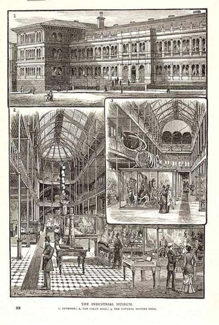 Black and white illustrations depicting the inside and outside of a Victorian museum