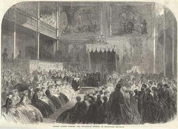 A greyscale print depicting Prince Alfred at the opening of the Edinburgh Museum of Science and Art