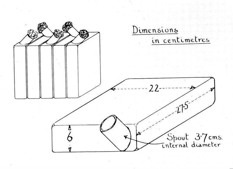 A black and white illustration of a rectangular object with a spout.