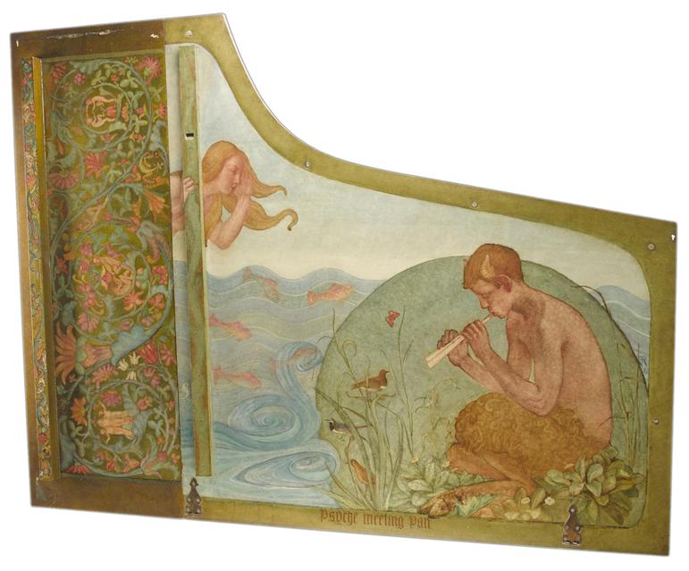 The top of a grand piano laid flat painted in muted colours depicting a boy with an animal bottom half sitting playing a type of horn or whistle, while a young woman is flowing hair calls to him