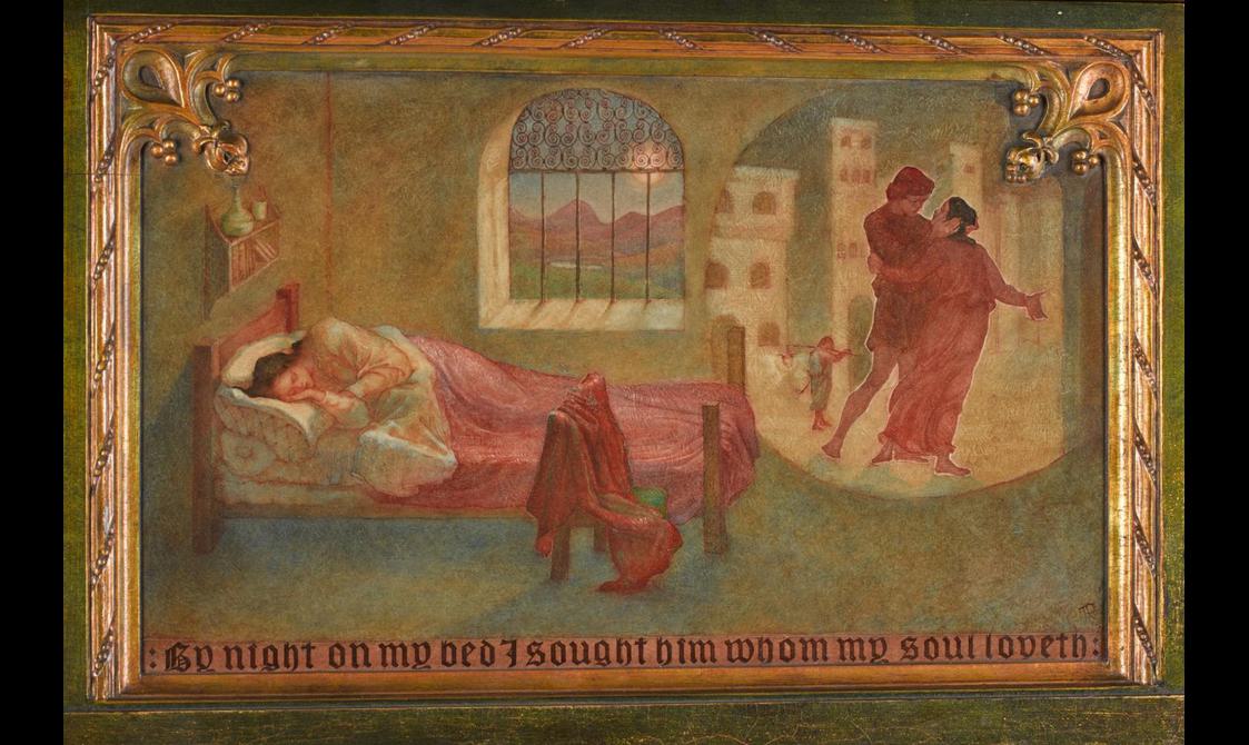 A painted scene depicting a woman asleep in bed and a circle with a man and a woman embracing. The scene is framed by a gold frame.