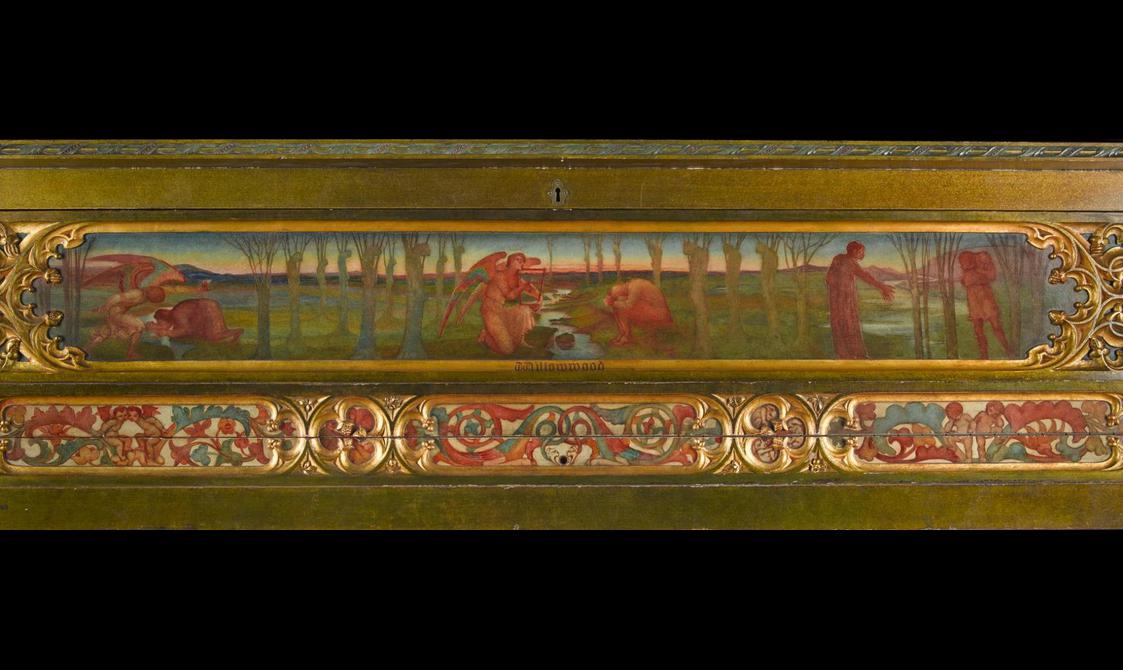 A detail of a long rectangular wooden panel with a mythical scene painted in muted colours. The scene is framed with a decorative boarder.