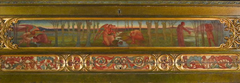 A detail of a long rectangular wooden panel with a mythical scene painted in muted colours. The scene is framed with a decorative boarder.