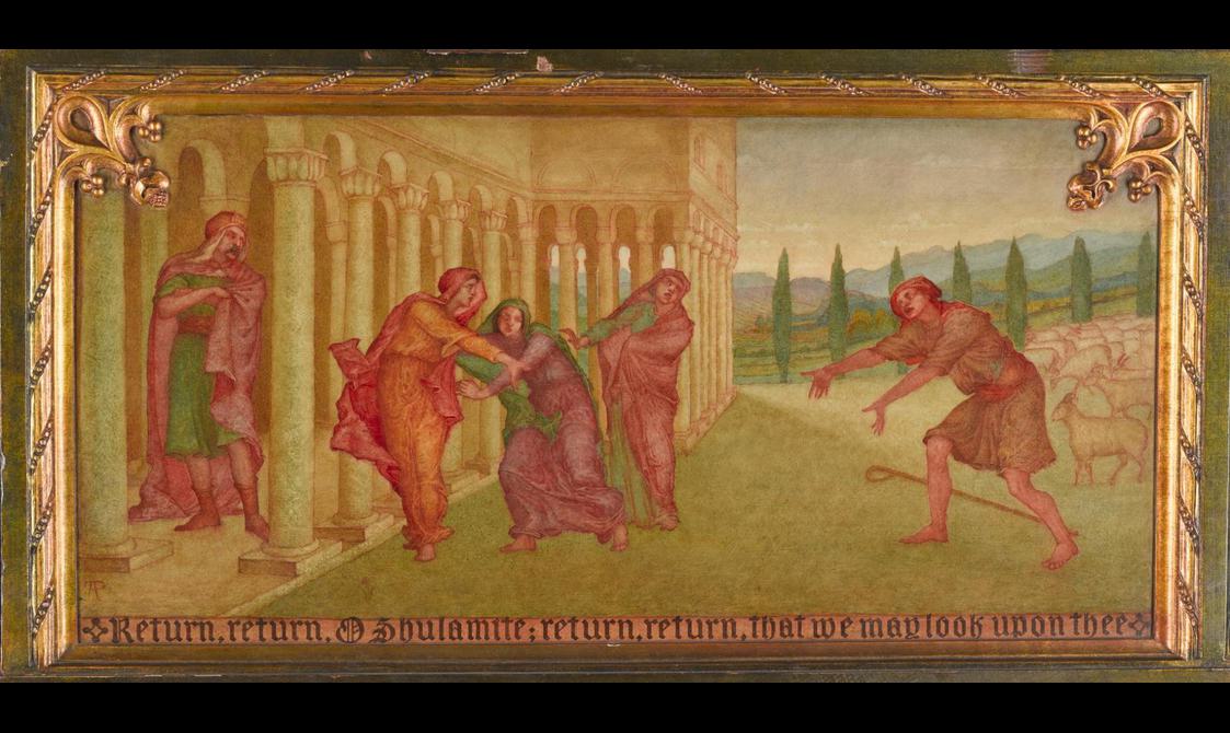 A detail of a piano painted with a biblical scene with a gold boarder.