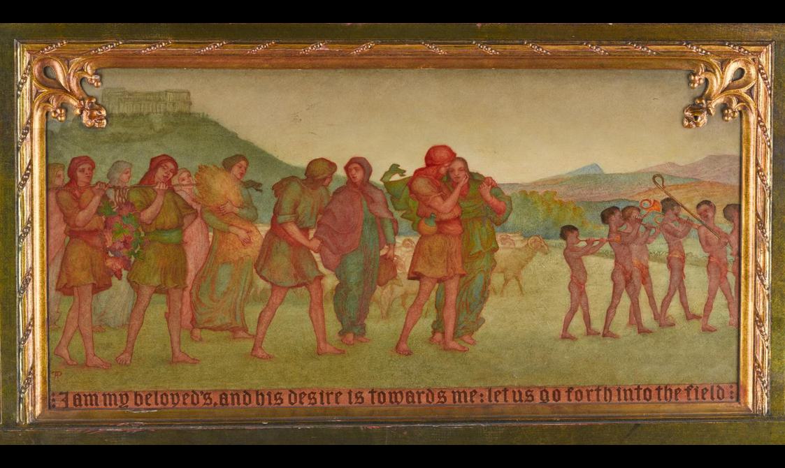 Side panel Many waters cannot quench love from The Song of Solomon Phoebe Anna Traquair