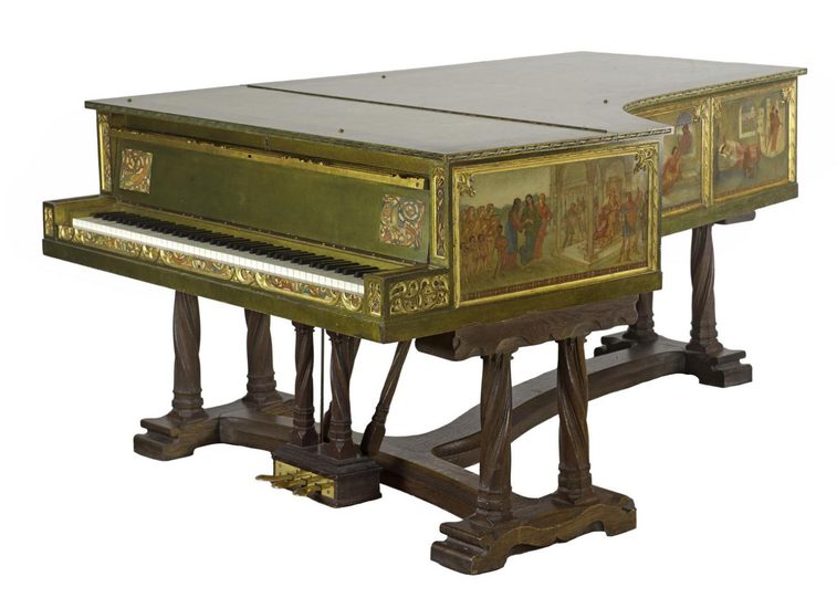 A piano with surfaces painted in muted colours depicting mythical scenes.