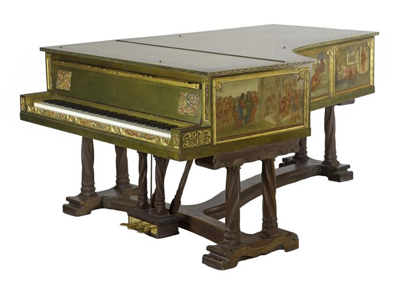 A piano with surfaces painted in muted colours depicting mythical scenes.