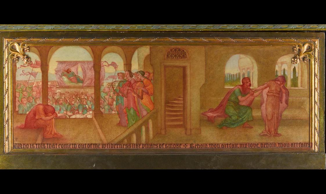 A side panel of a grand piano painted with a biblical scene with a gold boarder.