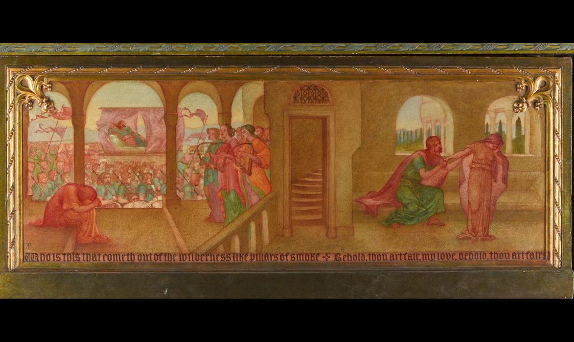A side panel of a grand piano painted with a biblical scene with a gold boarder.