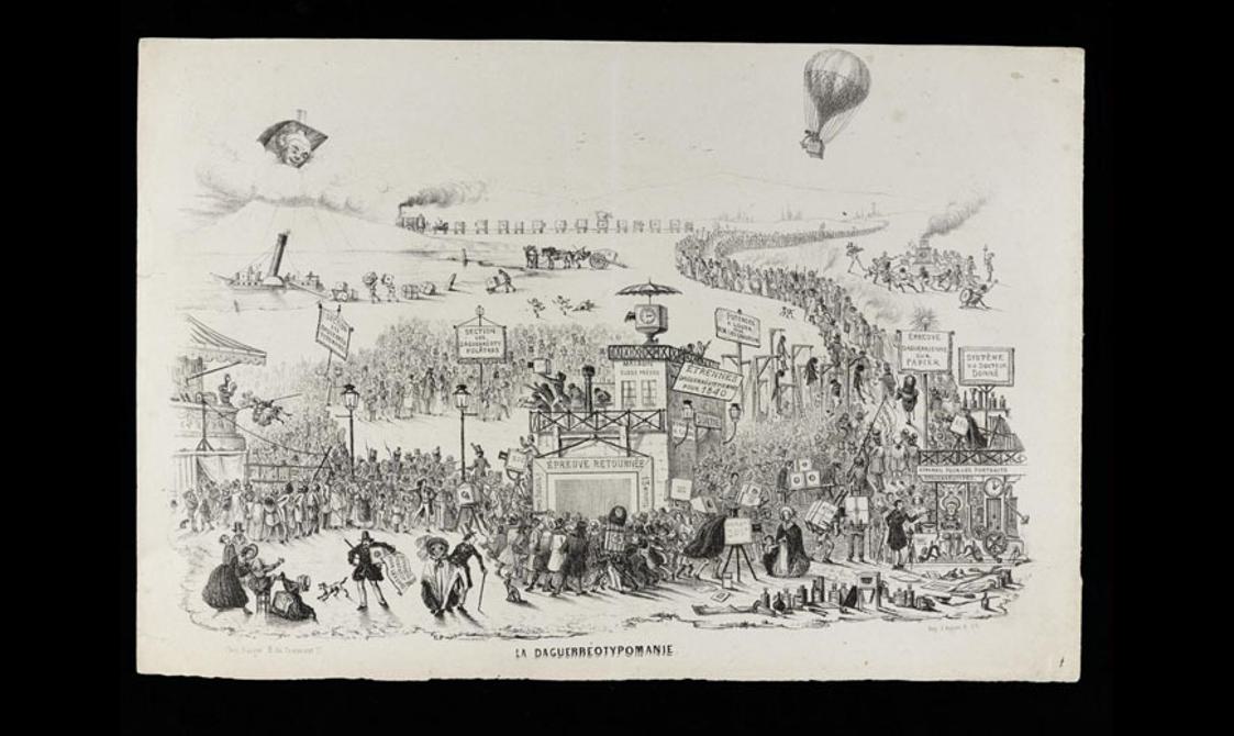 A black and white illustration of crowds of people at a fair.