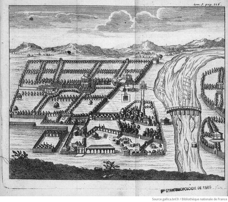 A black and white image showing a birdseye view of a map of a garden. The garden is split into a number of sections by hedgerows, and it is sat on the bank of a river which has a bridge going over the top too.