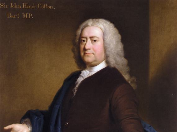 A half length portrait of a man turned sideways, left elbow resting against a pillar. He is wearing a long curly white wig, brown coat and blue drape, draped over the right shoulder.