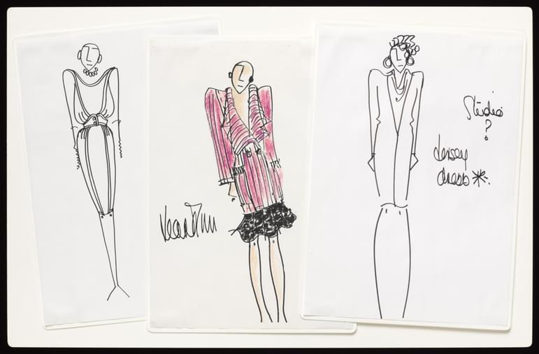 A series of three sketches depicting dress designs on three female figures
