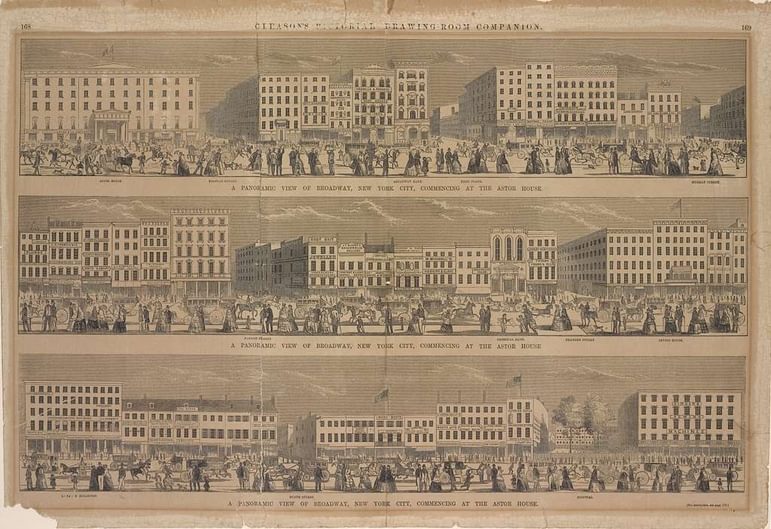 A printed panoramic view of Broadway, New York City commencing at the astor house repeated twice.