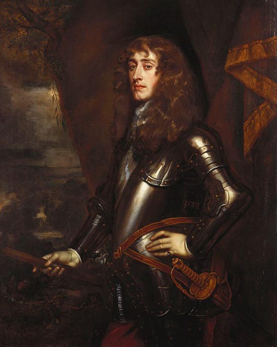 A portrait of a man set against draped red curtain background, dressed in black armour, turned sideways to the left side, wearing a shoulder length brown curly wig, with his left arm placed on the hip and holding a baton with his right arm.