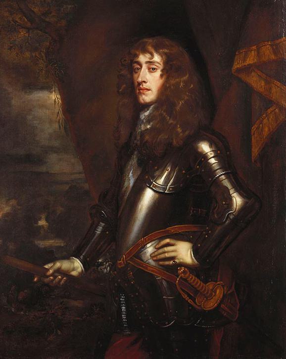 A portrait of a man set against draped red curtain background, dressed in black armour, turned sideways to the left side, wearing a shoulder length brown curly wig, with his left arm placed on the hip and holding a baton with his right arm.