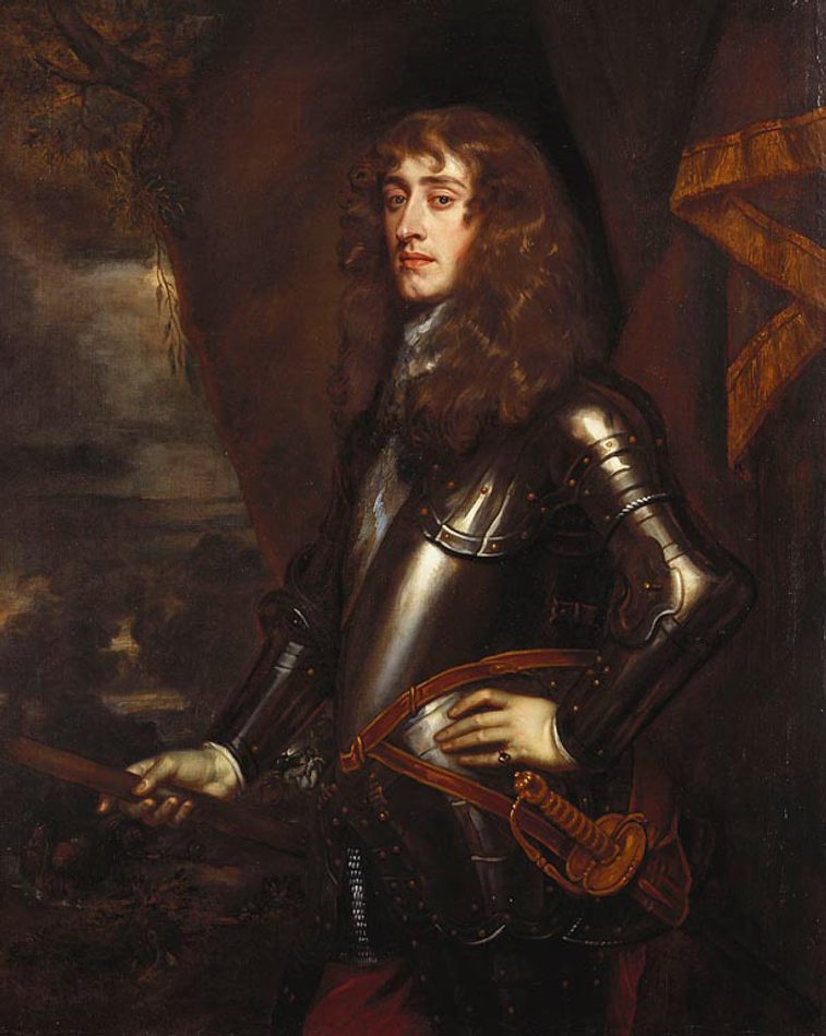 A portrait of a man set against draped red curtain background, dressed in black armour, turned sideways to the left side, wearing a shoulder length brown curly wig, with his left arm placed on the hip and holding a baton with his right arm.