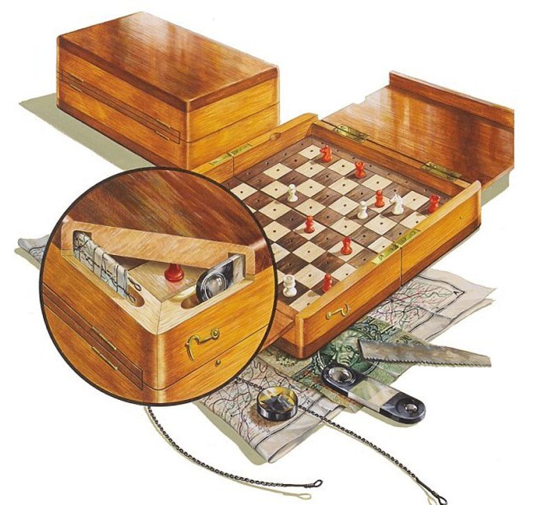 Illustration of a chess set with a magnified section showing concealed slots for hiding maps and compasses.