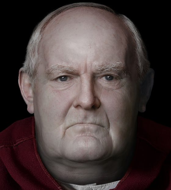 Close-up 3D facial reconstruction of Bishop Walter wearing red bishop robes.