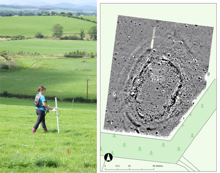 Two images side-by-side. To the left is an image of a woman in a field, wearing a blue t-shirt and black trousers and a backpack, holding an 'H' shape white measuring instrument. The field is very green and in the distance are a number of other equally green fields, separated by dark green trees and bushes. To the right, is a colour aerial diagram of a field, indicated in green and in the middle, a large grey textured area that shows the ground underneath. The grey area shows a set of large concentric oval rings. The central one being the darkest.