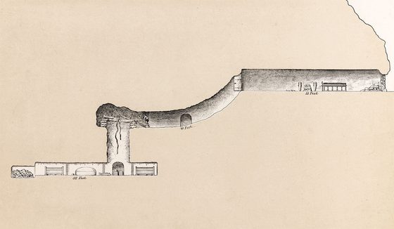 A line drawing showing a tunnel with different chambers dug into the ground