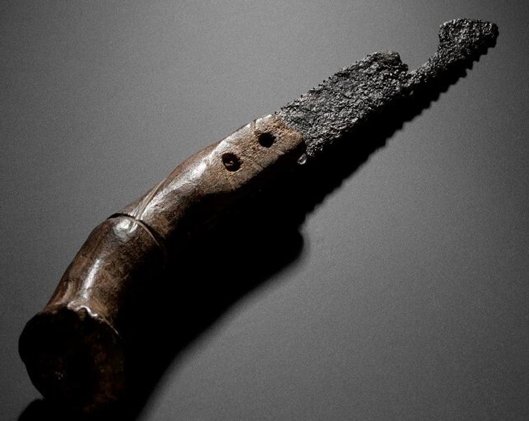 A small hand saw with a dark brown handle and two-thirds of a badly corroded, black blade.