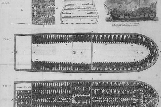 A black and white document showing plans of a boat intended as a slave ship. There are illustrations of where people will be squeezed in on the boat.