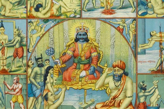 Illustrated poster with cells of images containing scenes of death and scenes of punishment.