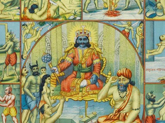 Illustrated poster with cells of images containing scenes of death and scenes of punishment.