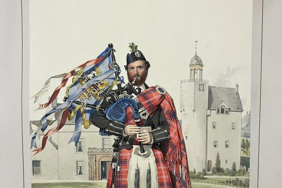 An illustration of a piper in regimental wear, including sporran and bagpipe, stands infront of Balmoral.