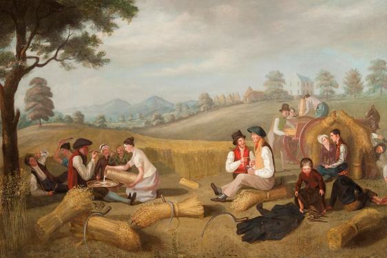 A watercolour painting of a rural scene, where a group of people are sat enjoying refreshments in a field, with harvested bales tied up with string all around them.