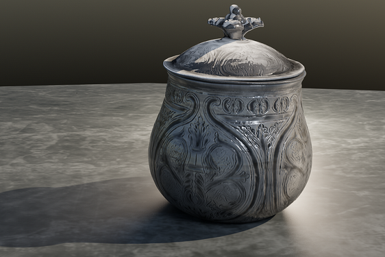 Digital scan of the Galloway Hoard silver vessel in full with lid on, placed on a marble table