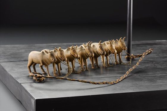 Models of seven oxen standing in a row with rope attaching them to a wooden pole.