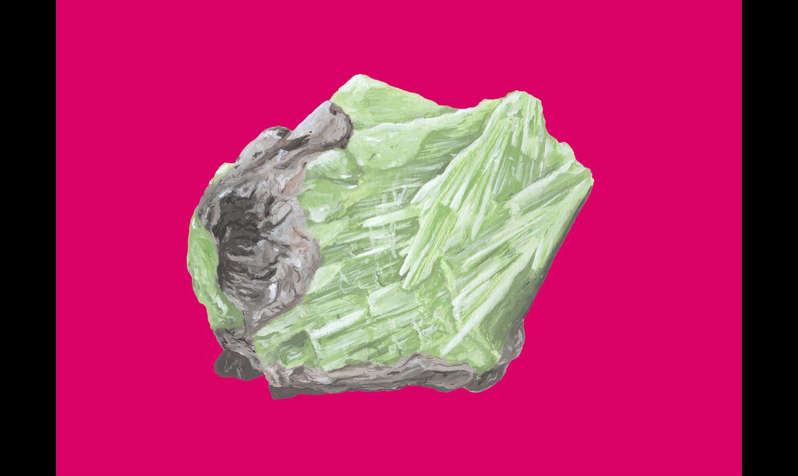 An illustration of a pale green and grey rock against a bright pink background