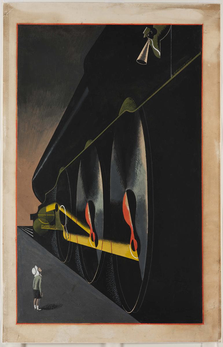 A painting of a large dark train with a child looking upwards.