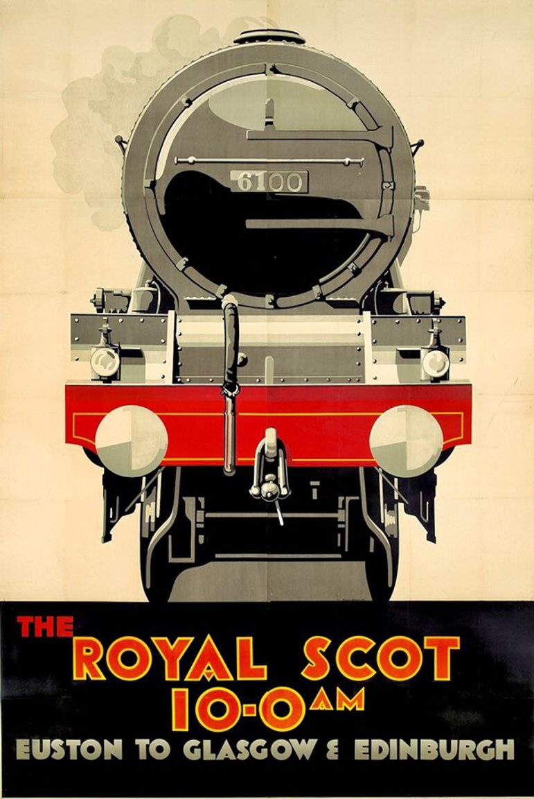 An art deco railway poster depicting the front of a red, black, and grey steam train. The text reads 'The Royal Scot 10.00AM Euston to Glasgow and Edinburgh'.