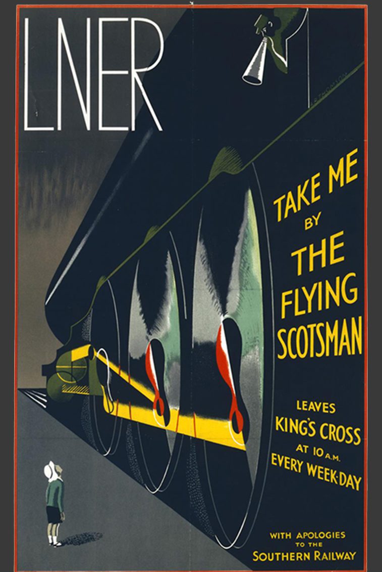 An art deco poster showing a large train in black and grey with yellow and red highlights with a child gazing upwards. The text reads 'LNER, Take me to the Flying Scotsman.'