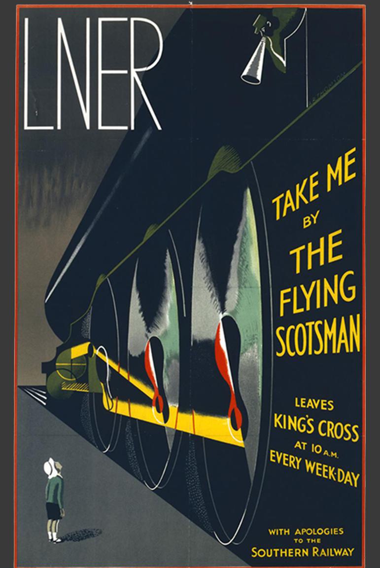 An art deco poster showing a large train in black and grey with yellow and red highlights with a child gazing upwards. The text reads 'LNER, Take me to the Flying Scotsman.'