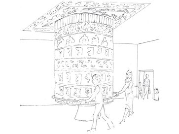 A black and while sketch of people walking around a large round decorated object